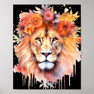 Affiche Lion Pastel Fleurs Safari Aquarelle Savannah Chat
