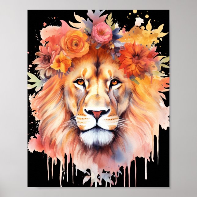 Affiche Lion Pastel Fleurs Safari Aquarelle Savannah Chat (Devant)