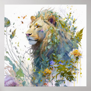 Affiche Lion Portrait Animal Peinture Forêt faunique