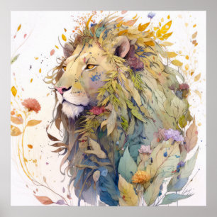 Affiche Lion Portrait Animal Peinture Forêt faunique