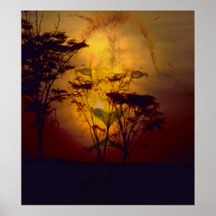 Affiche Lion regardant le coucher de soleil africain