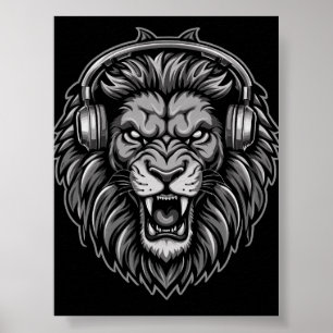 Affiche Lion rugissant féroce avec casque audio monochrome