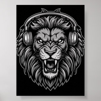 Affiche Lion rugissant féroce avec casque audio monochrome