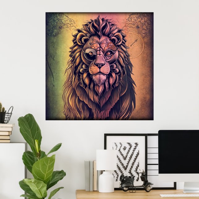 Affiche Lion rustique dégradé de couleur Steampunk (Bureau à domicile)