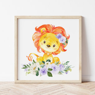 Affiche Lion, Safari, Fleurs pourpres, Neutre Genre