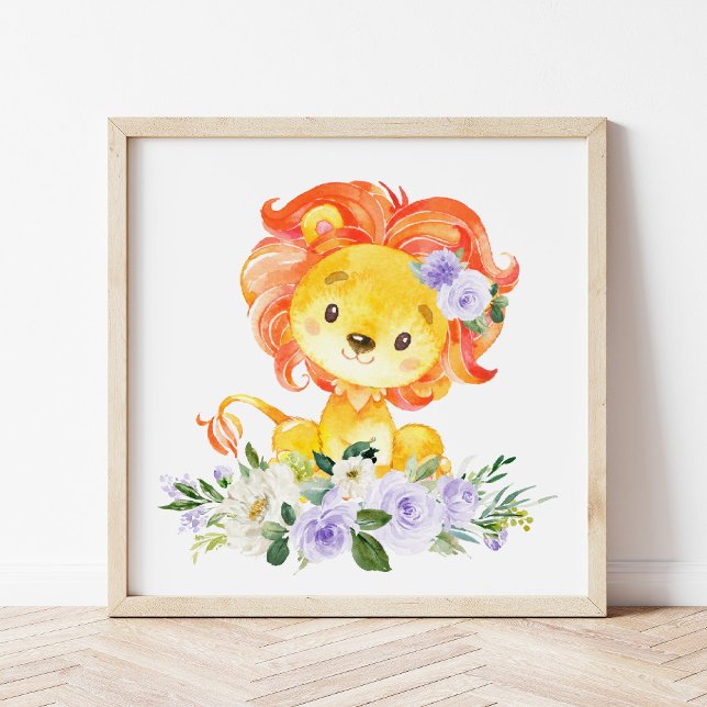 Affiche Lion, Safari, Fleurs pourpres, Neutre Genre (Créateur téléchargé)