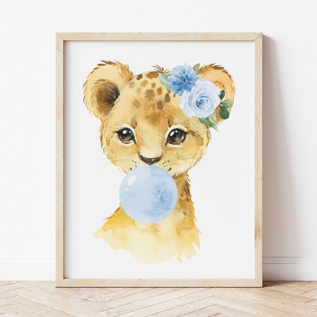Affiche Lion, Safari, gomme à bulles bleues, Garçon (Créateur téléchargé)