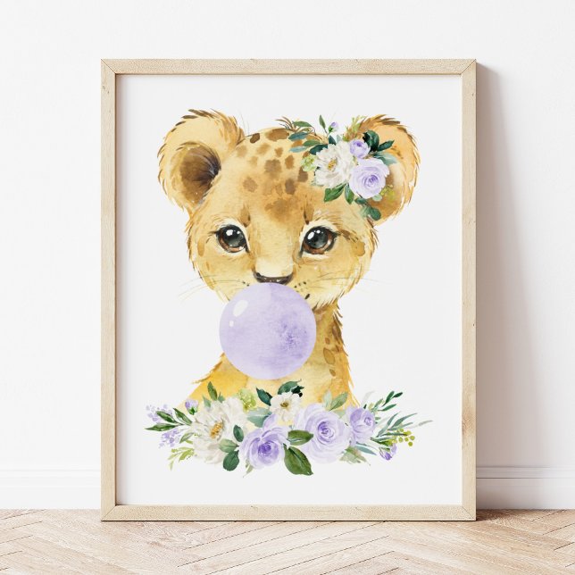 Affiche Lion, Safari, gomme à bulles violettes, Neutre sur (Créateur téléchargé)