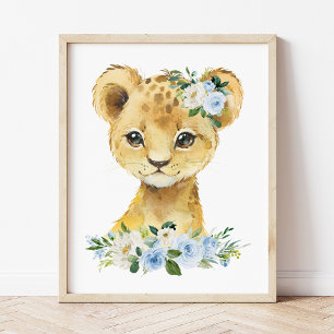 Affiche Lion, Safari, Jungle, Fleurs Bleues, Chambre de Ga