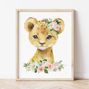 Affiche Lion, Safari, Jungle, Fleurs roses, Pépinière