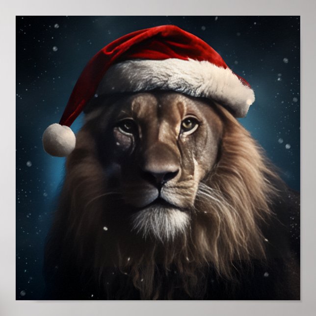 Affiche Lion superbe portant un casquette du Père Noël (Devant)