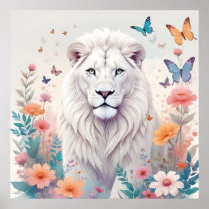 Affiche Lion Vintage Animal Nature Ville Fleurs Peinture