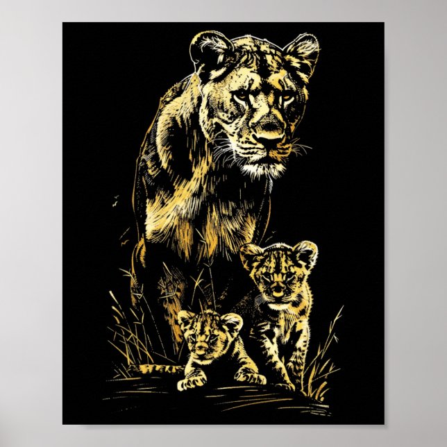 Affiche Lioness Cubs Hunter Team Lion Wildlife Sketch (Devant)