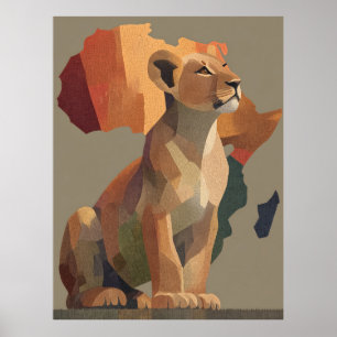Affiche Lionesse géométrique en mosaïque avec carte de l'A