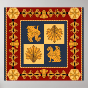 Affiche Lions d'or : design foulard Art Nouveau