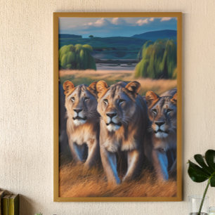 Affiche Lions Majestic Parcourant Le Champ Verdoyant