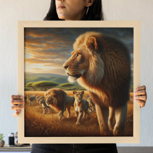 Affiche Lions majestueux et cubes joueuses