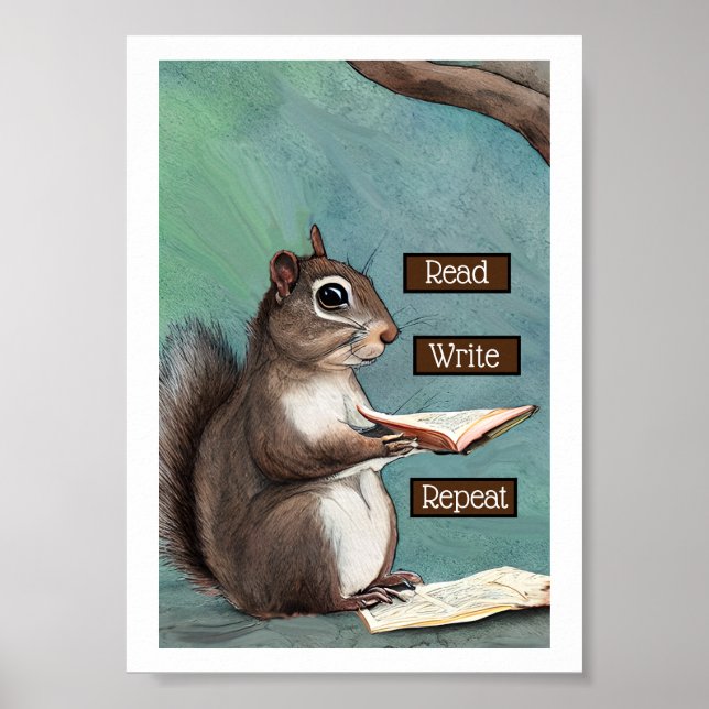 Affiche Lire, écrire, répéter l'écureuil Lire un livre (Devant)