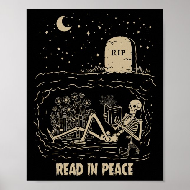 Affiche Lire En Paix Squelette Lecture Livres Drôle Hallow (Devant)