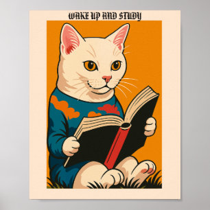 Affiche Lire Feline Avec Un Livre — Réveillez-Vous Et Étud