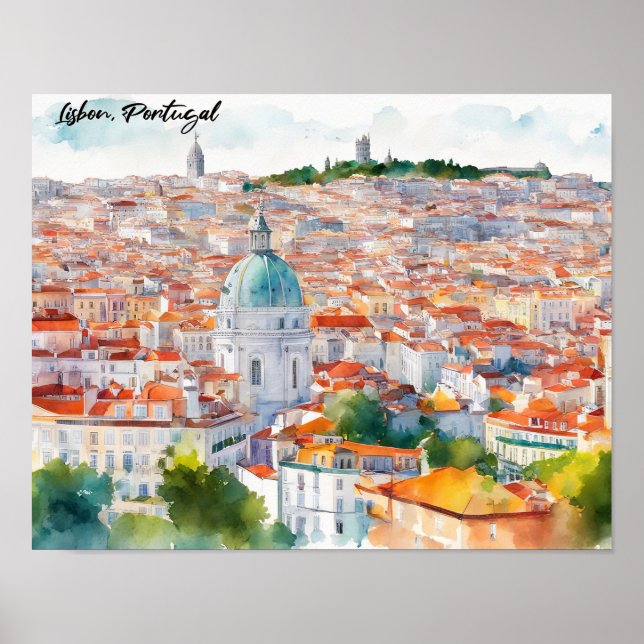 Affiche Lisbon Portgual Watercolor Panorama View City (Devant)