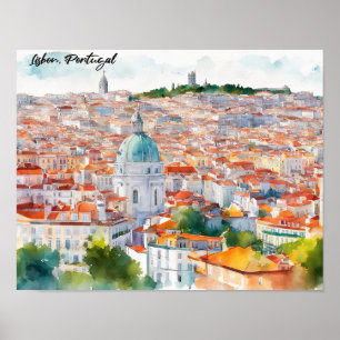 Affiche Lisbonne Portugal Aquarelle Vue panoramique Ville