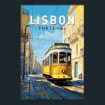 Affiche Lisbonne Portugal Jaune Tramway Voyage Art Vintage<br><div class="desc">Design de voyage vectoriel rétro de Lisbonne dans un style emblème. Ville portuaire prospère située à l'estuaire du Tage,  connue pour ses vieilles bâtisses aux couleurs pastel.</div>