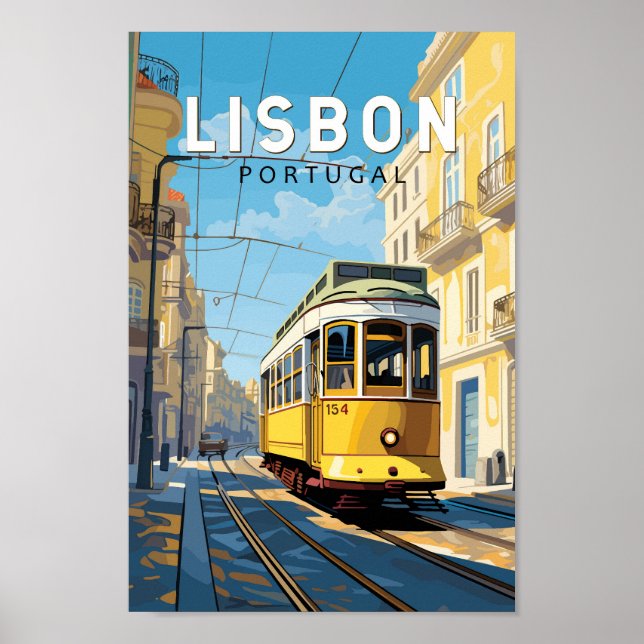 Affiche Lisbonne Portugal Jaune Tramway Voyage Art Vintage (Devant)