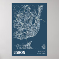 Lisbonne Portugal Ville Plan Ligne Art Bleu Imprim