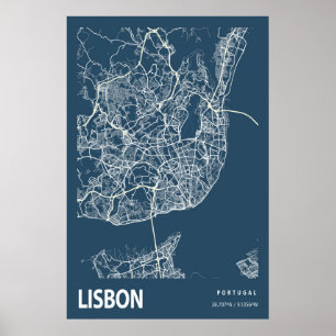 Affiche Lisbonne Portugal Ville Plan Ligne Art Bleu Imprim