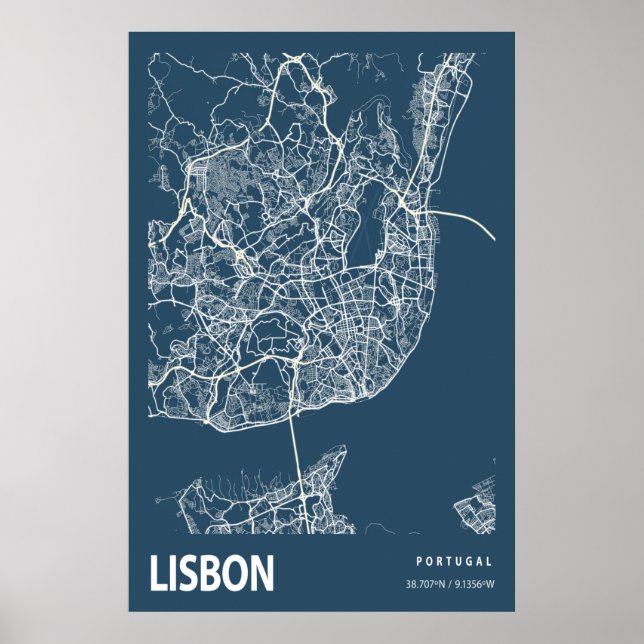 Affiche Lisbonne Portugal Ville Plan Ligne Art Bleu Imprim (Devant)