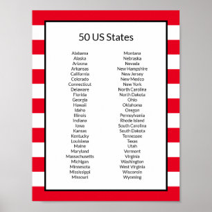 Affiche Liste alphabétique de 50 États américains