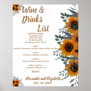 Affiche Liste de boissons de verdure de tournesols Mariage
