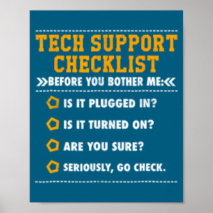 Affiche Liste de contrôle de support technique drôle Geek