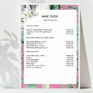 Affiche Liste de prix aquarelle tropicale Salon Moderne  