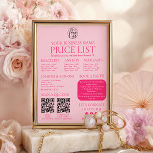 Affiche Liste de Prix de Bijoux Permanents Rose Code QR Me
