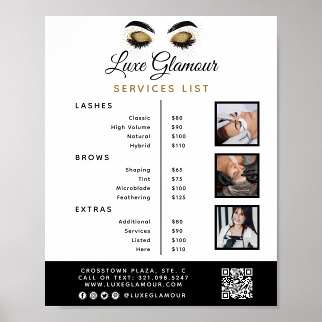 Affiche Liste de prix de l'or glamour Lash Brow Beauty Bar (Devant)