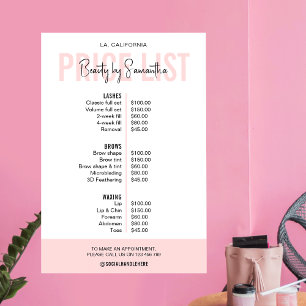 Affiche Liste de Prix de Salon de Beauté Rose Pâle Féminin