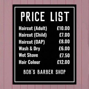 Affiche Liste de prix de salon de coiffure
