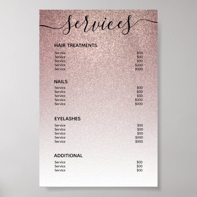 Affiche Liste de Prix de Salon Paillettes Or Rose Menu de  (Devant)