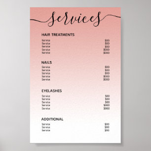 Affiche Liste de Prix de Salon Rose Gold et Rose Pâle Menu