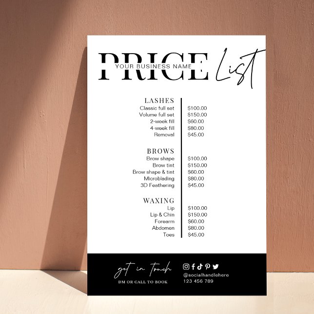 Affiche Liste de prix d'entreprise minimaliste noir et bla (Minimalist price list poster, featuring trendy script fonts, simple layout and editable colors )