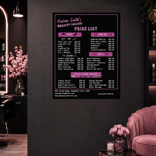 Affiche Liste de Prix des Services de Salon de Beauté Mode (Créateur téléchargé)