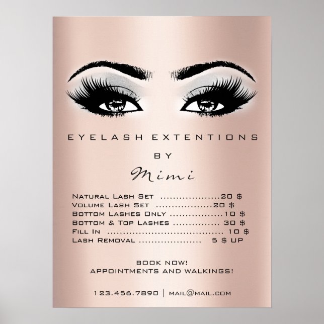 Affiche Liste de prix des yeux de maquillage gris or rose (Devant)