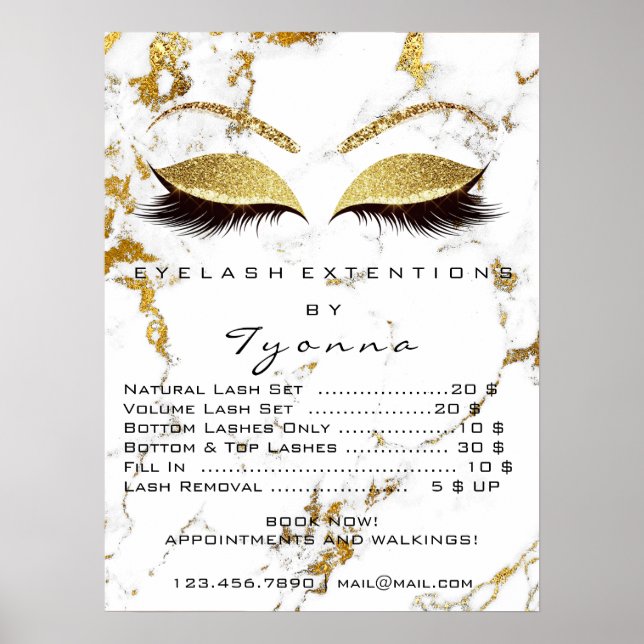 Affiche Liste de prix d'extension de cils en maquillage or (Devant)