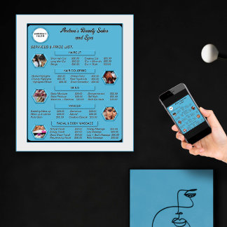 Affiche Liste de prix du logo et des photos du salon bleu 