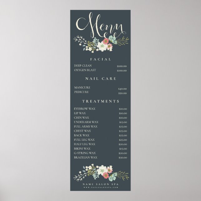 Affiche Liste de prix du menu de la beautician du spa salo (Devant)