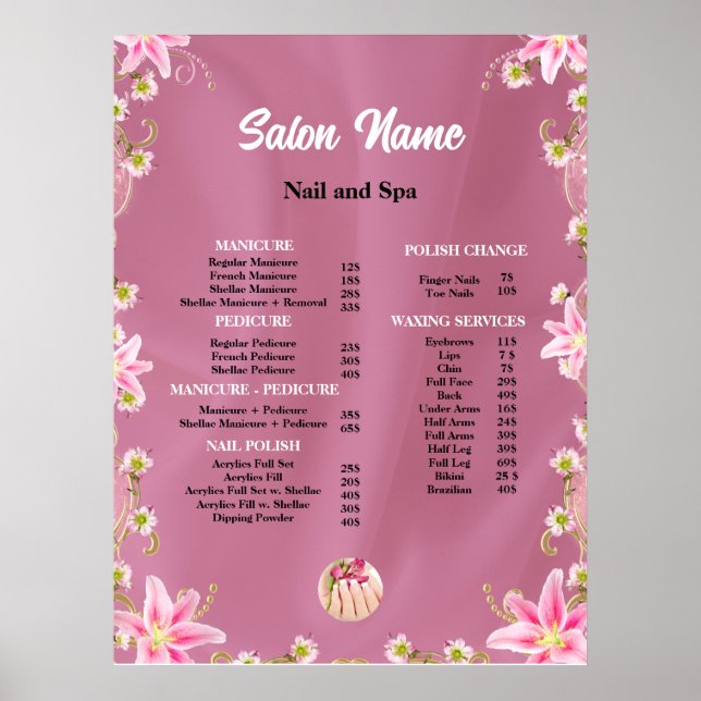 Affiche Liste de prix du salon de beauté Beauty Nail (Devant)
