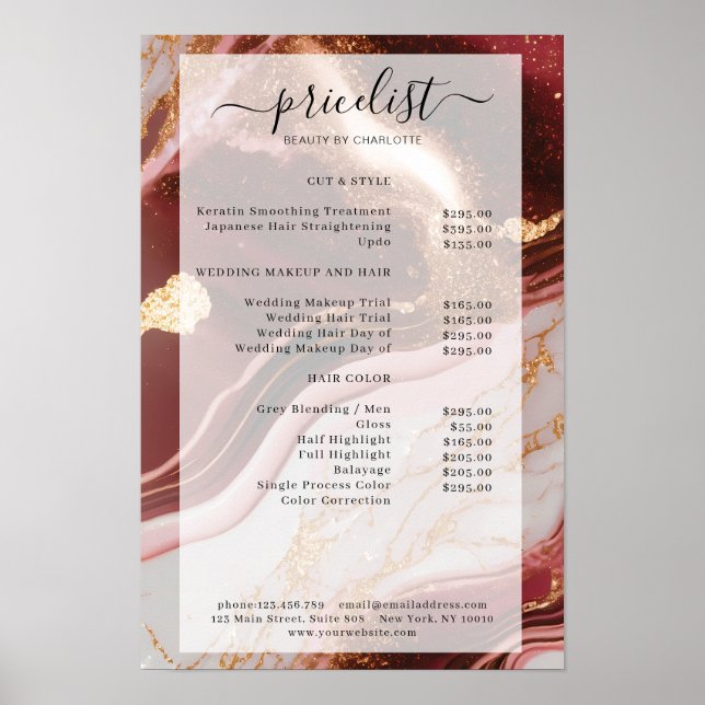 Affiche Liste de prix du salon de glitter en marbre modern (Devant)