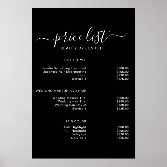Affiche Liste de prix élégante et moderne d'un salon de be (Devant)